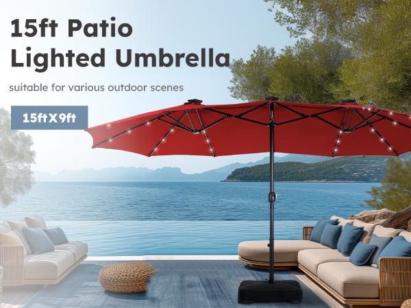 Product Introduction of PHI VILLA 15 ft Extra Large Patio Umbrella with 36 LED Lights, Metal Construction, Includes Base, Heavy Duty for Pool Garden Backyard Outdoor 11