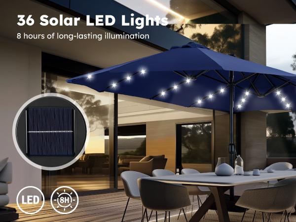 Product Introduction of PHI VILLA 15 ft Extra Large Patio Umbrella with 36 LED Lights, Metal Construction, Includes Base, Heavy Duty for Pool Garden Backyard Outdoor 6