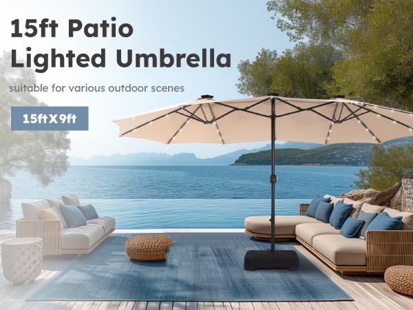 Product Introduction of PHI VILLA 15 ft Extra Large Patio Umbrella with 36 LED Lights, Metal Construction, Includes Base, Heavy Duty for Pool Garden Backyard Outdoor 14