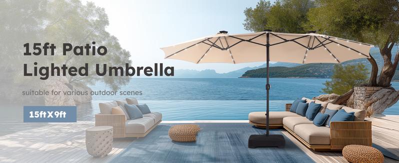 Product Introduction of PHI VILLA 15 ft Extra Large Patio Umbrella with 36 LED Lights, Metal Construction, Includes Base, Heavy Duty for Pool Garden Backyard Outdoor 1