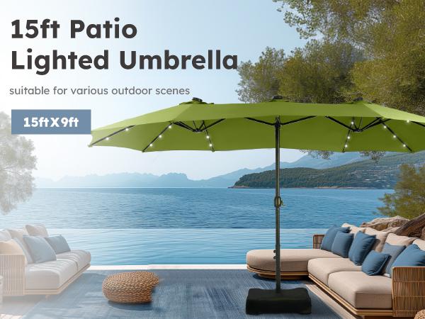 Product Introduction of PHI VILLA 15 ft Extra Large Patio Umbrella with 36 LED Lights, Metal Construction, Includes Base, Heavy Duty for Pool Garden Backyard Outdoor 10