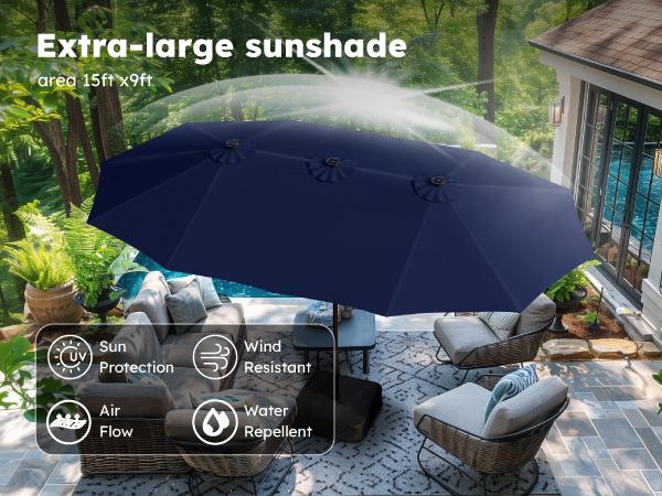 Product Introduction of PHI VILLA 15 ft Extra Large Patio Umbrella with 36 LED Lights, Metal Construction, Includes Base, Heavy Duty for Pool Garden Backyard Outdoor 9