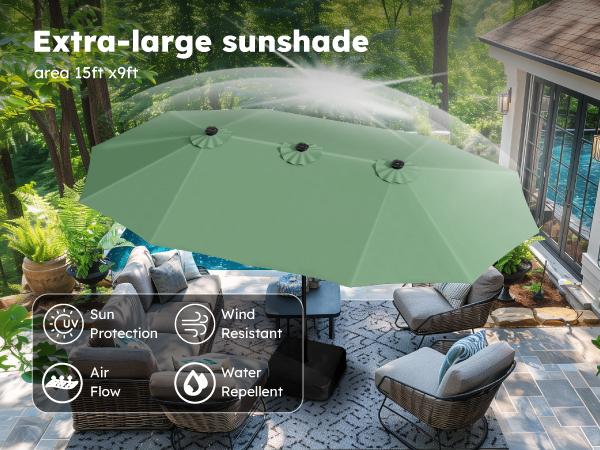 Product Introduction of PHI VILLA 15 ft Extra Large Patio Umbrella with 36 LED Lights, Metal Construction, Includes Base, Heavy Duty for Pool Garden Backyard Outdoor 13