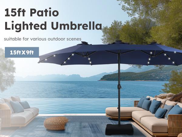 Product Introduction of PHI VILLA 15 ft Extra Large Patio Umbrella with 36 LED Lights, Metal Construction, Includes Base, Heavy Duty for Pool Garden Backyard Outdoor 5