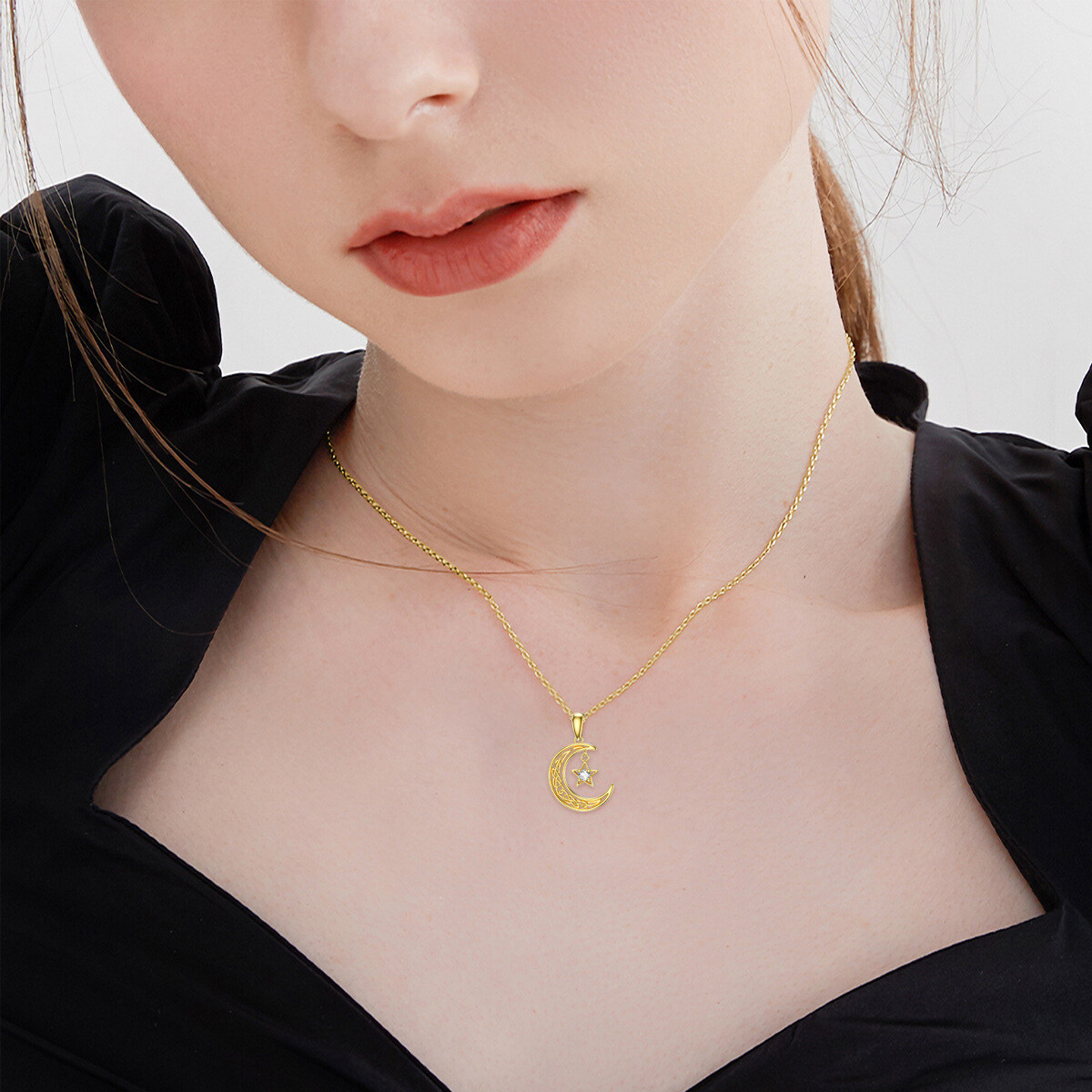 Round Crystal Moon Pendant Birthstone Necklace in Gold Vermeil-YAFEINI Personalized Jewelry