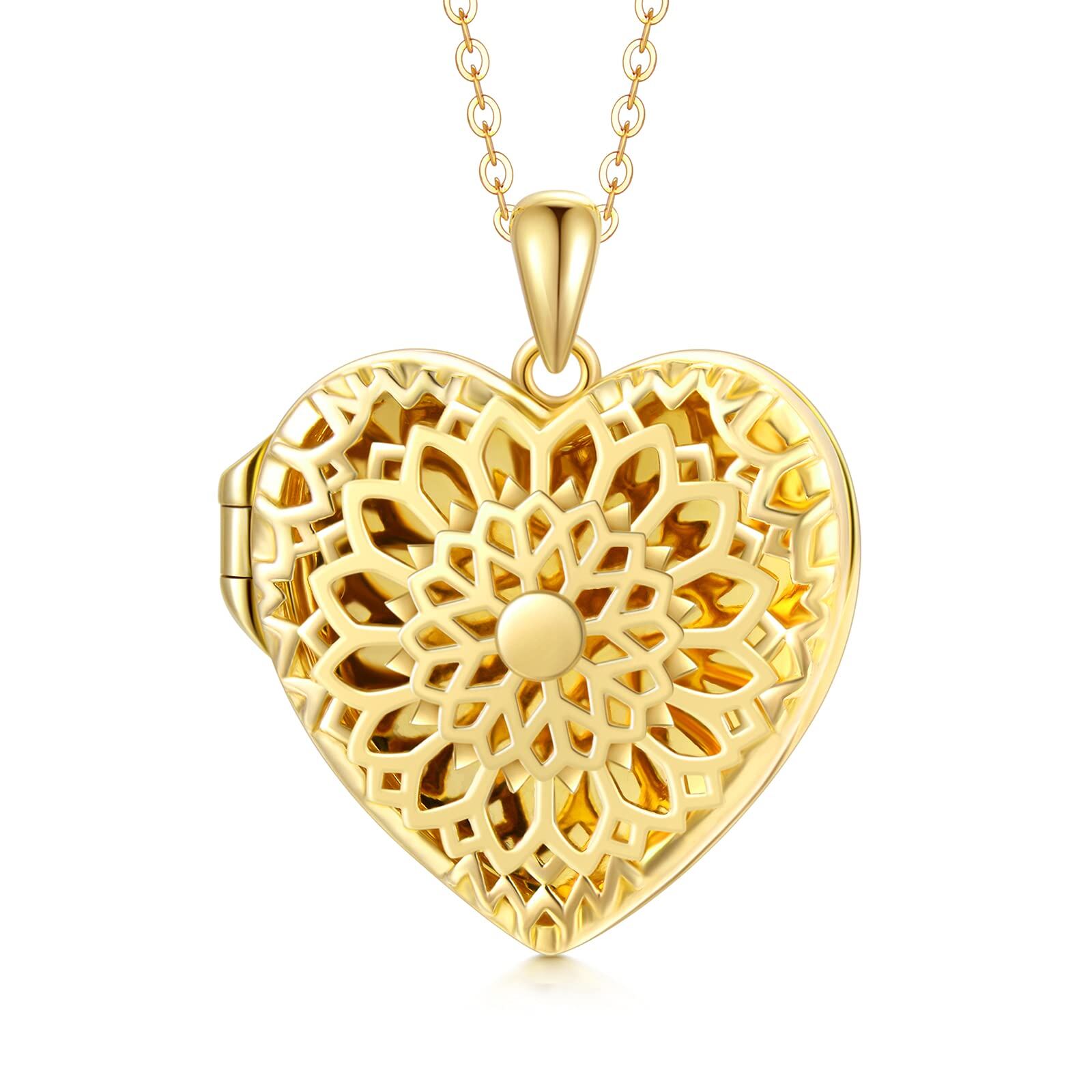 Personalized Sunflower Heart Custom Photo Locket Necklace in 14K Solid Gold-YAFEINI Personalized Jewelry