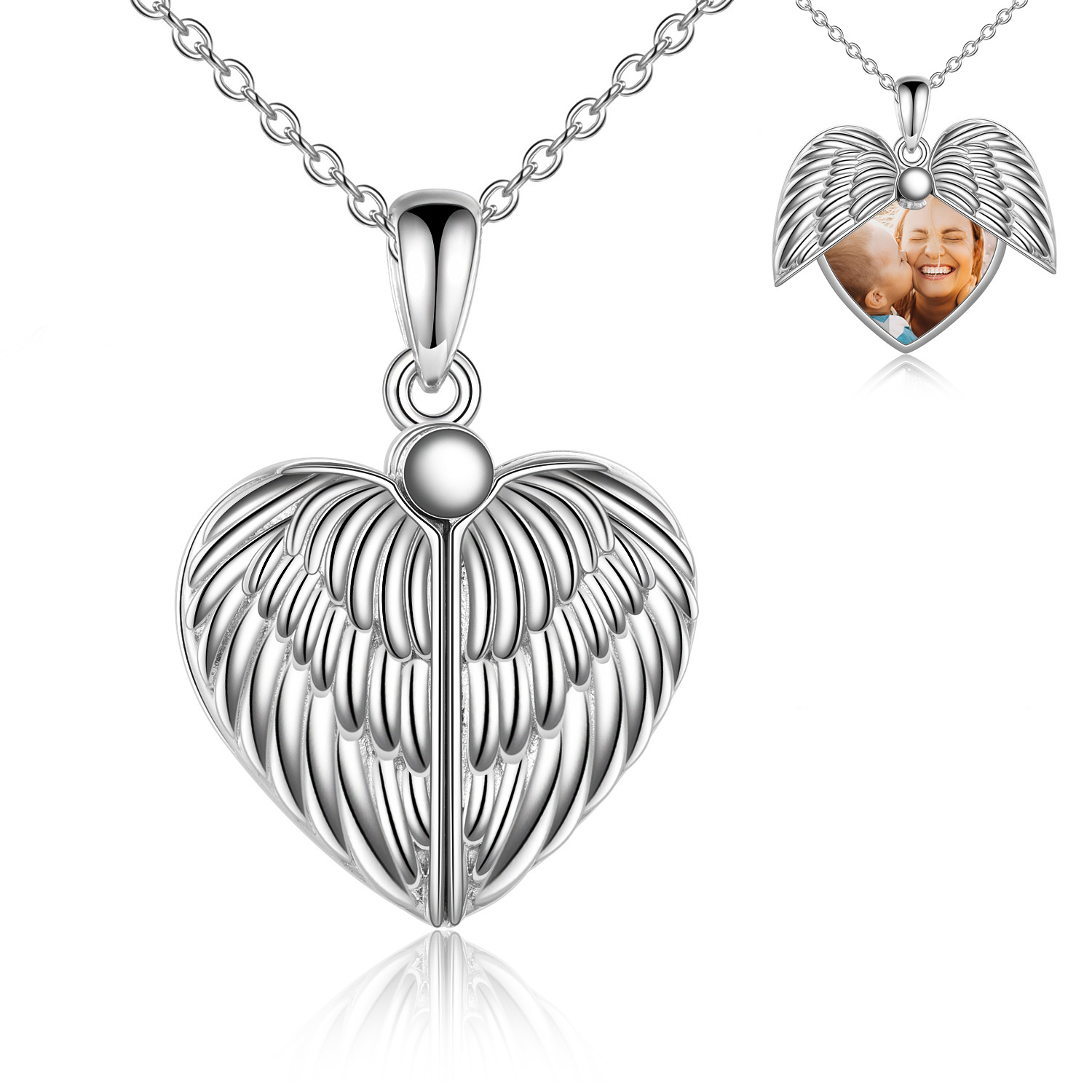 Angel Wings Personalized Photo Locket Necklace in Sterling Silver-YAFEINI Personalized Jewelry