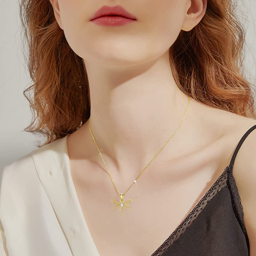 Cubic Zirconia Dragonfly Pendant Birthstone Necklace in Gold Vermeil-YAFEINI Personalized Jewelry