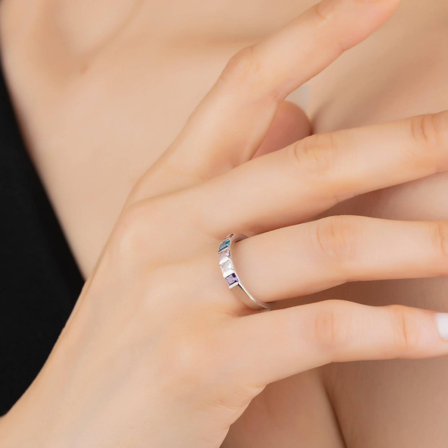 Square Cut Birthstone Ring in Sterling Silver