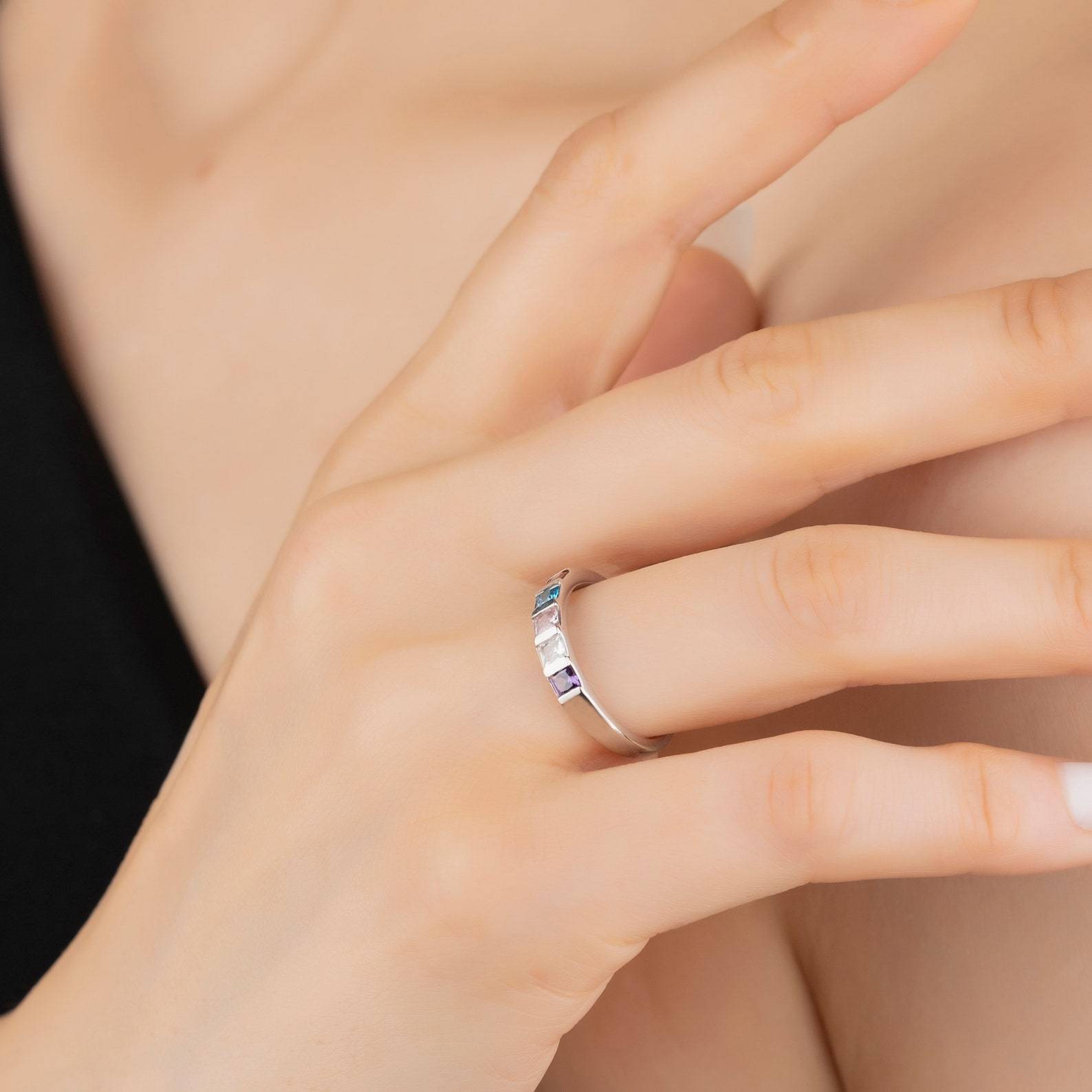 Square Cut Birthstone Ring in Sterling Silver