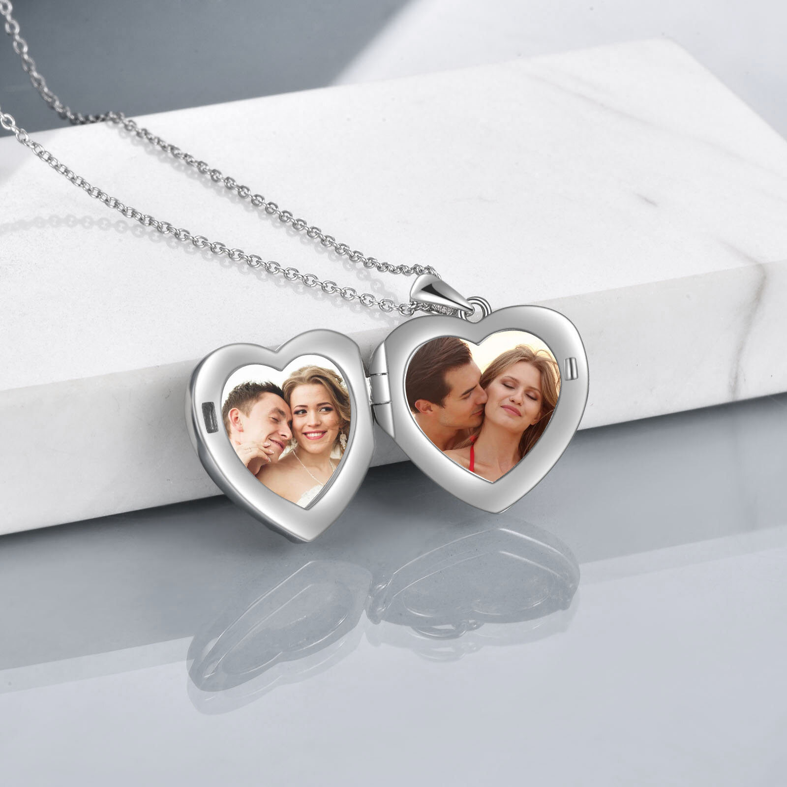 Opal Turtle Heart Personalized Photo Locket Necklace with Engraved Word in Sterling Silver-YAFEINI Personalized Jewelry