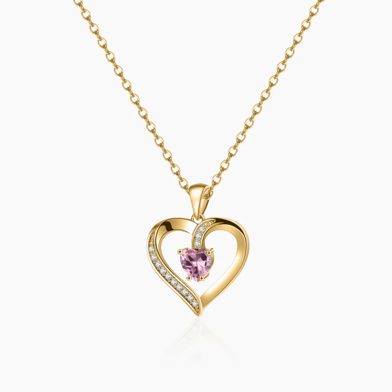 Personalized Name Birthstone Heart Shape Necklace In 14K Solid Gold