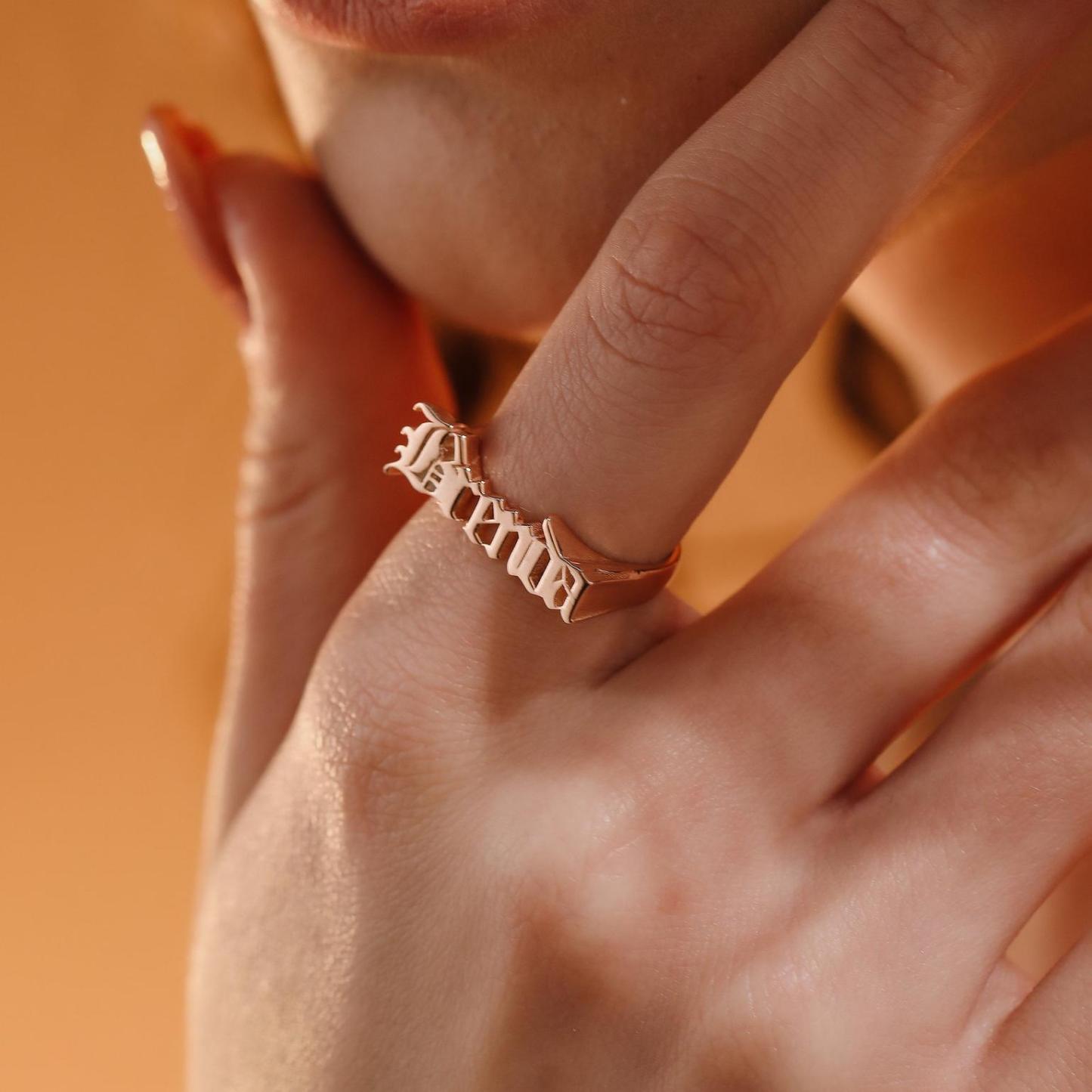 Custom Gothic Name Ring in Sterling Silver