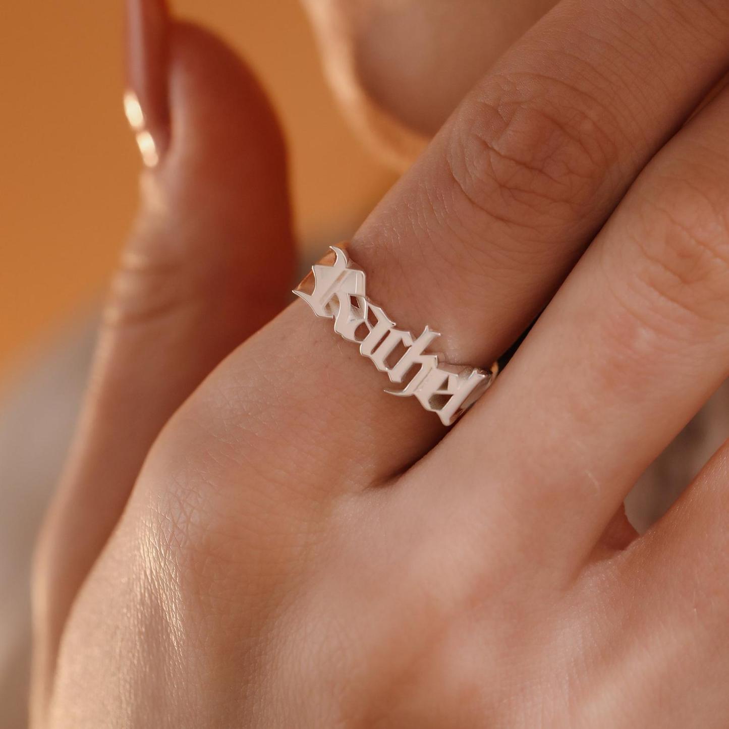 Custom Gothic Name Ring in Sterling Silver