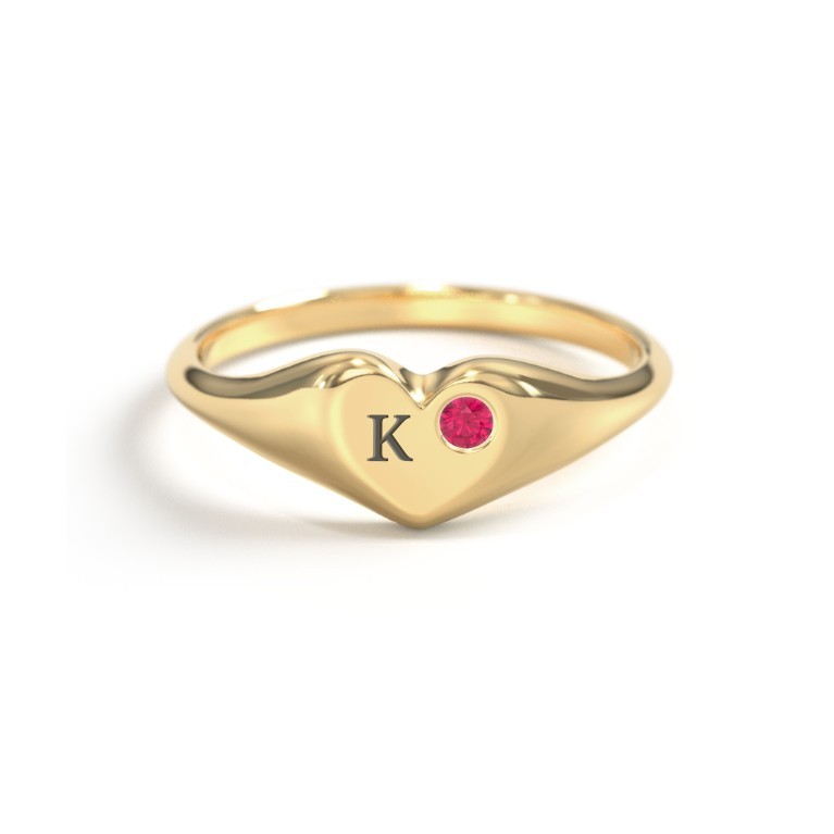 Initial Heart Signet Ring with Birthstone in Sterling Silver