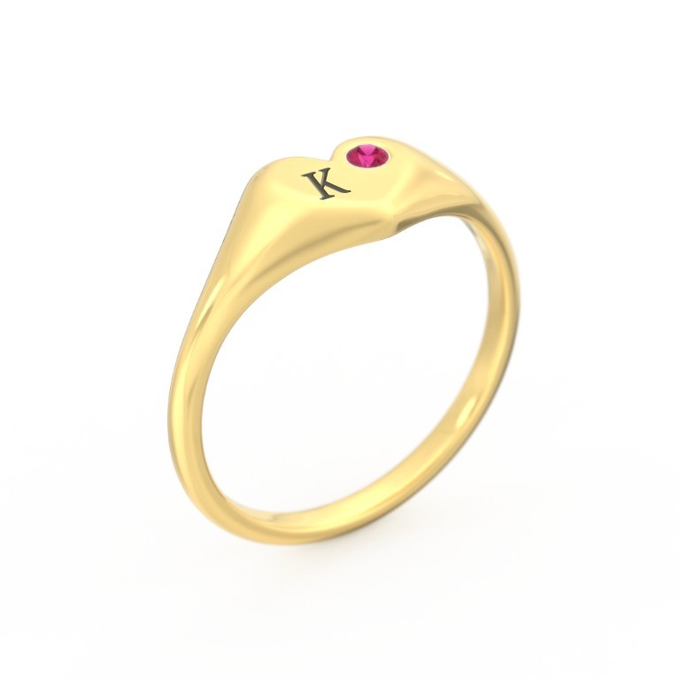 Initial Heart Signet Ring with Birthstone in Sterling Silver