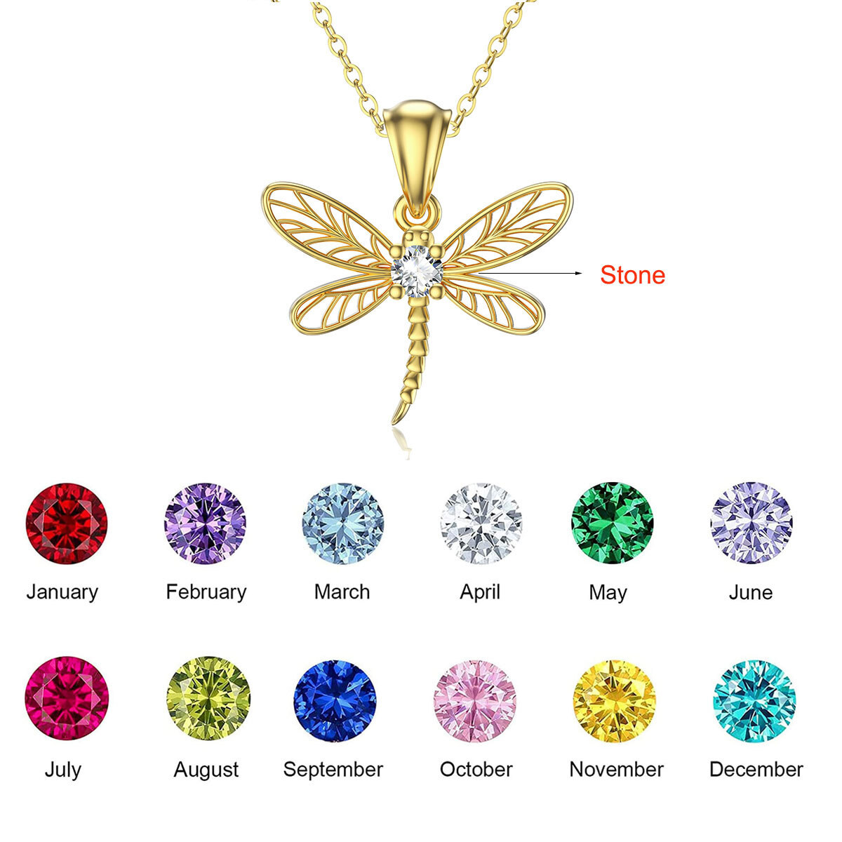 Cubic Zirconia Dragonfly Pendant Birthstone Necklace in 14K Solid Gold-YAFEINI Personalized Jewelry
