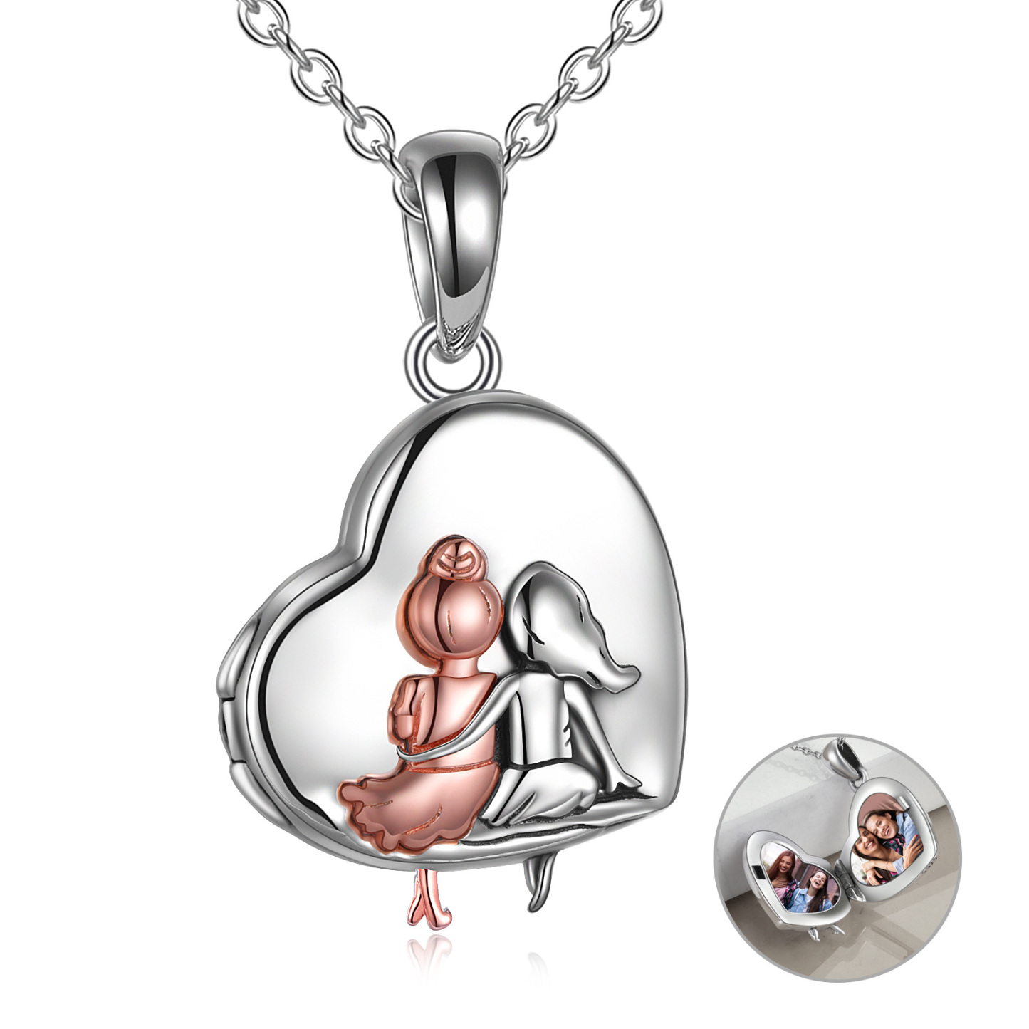 Two-tone Sisters Heart Personalized Photo Locket Necklace with Engraved Word in Sterling Silver-YAFEINI Personalized Jewelry