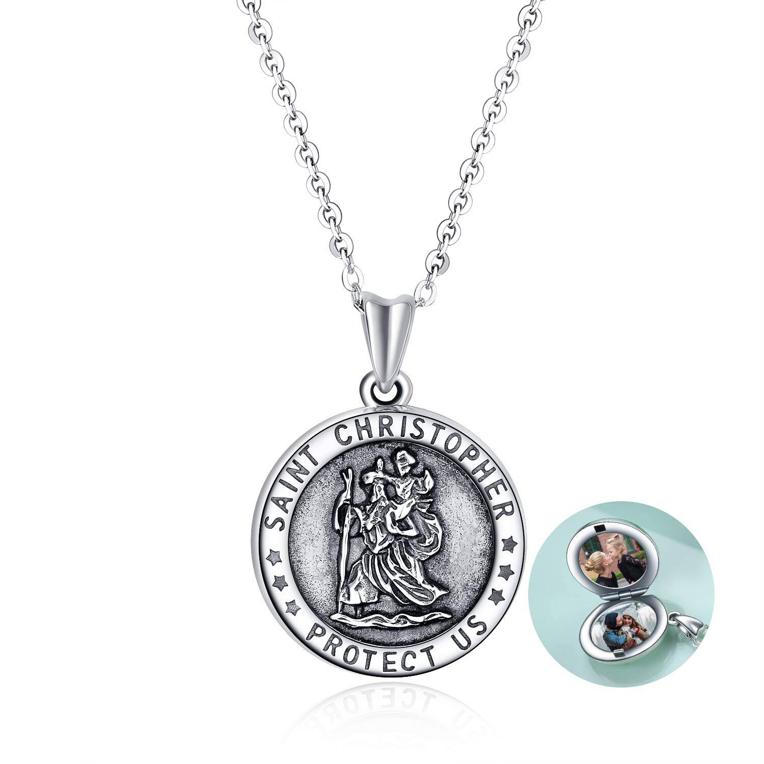 Personalized Saint Christopher Custom Photo Locket Necklace in Sterling Silver-YAFEINI Personalized Jewelry