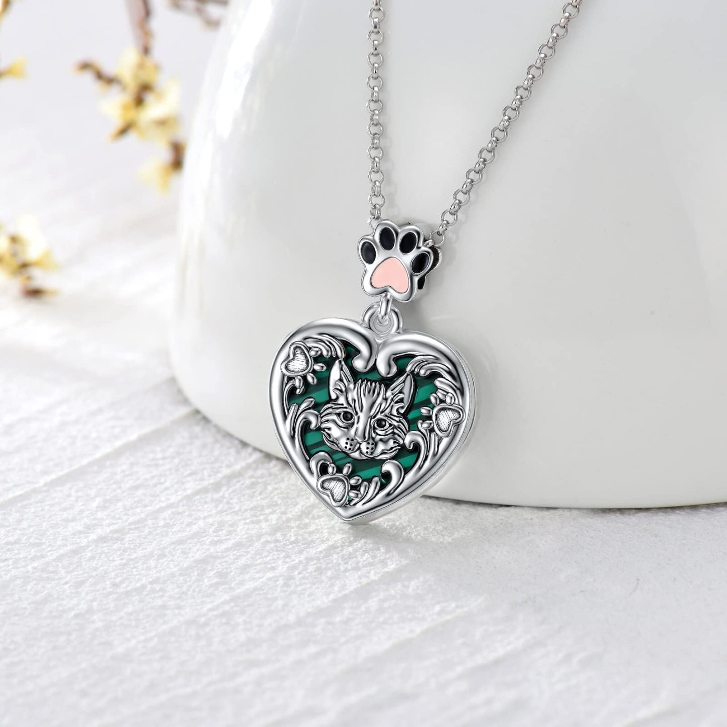 Personalized Malachite Cat Paw Photo Custom Locket Necklace in Sterling Silver-YAFEINI Personalized Jewelry