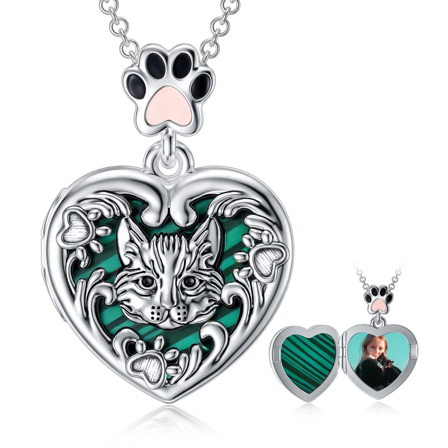 Personalized Malachite Cat Paw Photo Custom Locket Necklace in Sterling Silver-YAFEINI Personalized Jewelry
