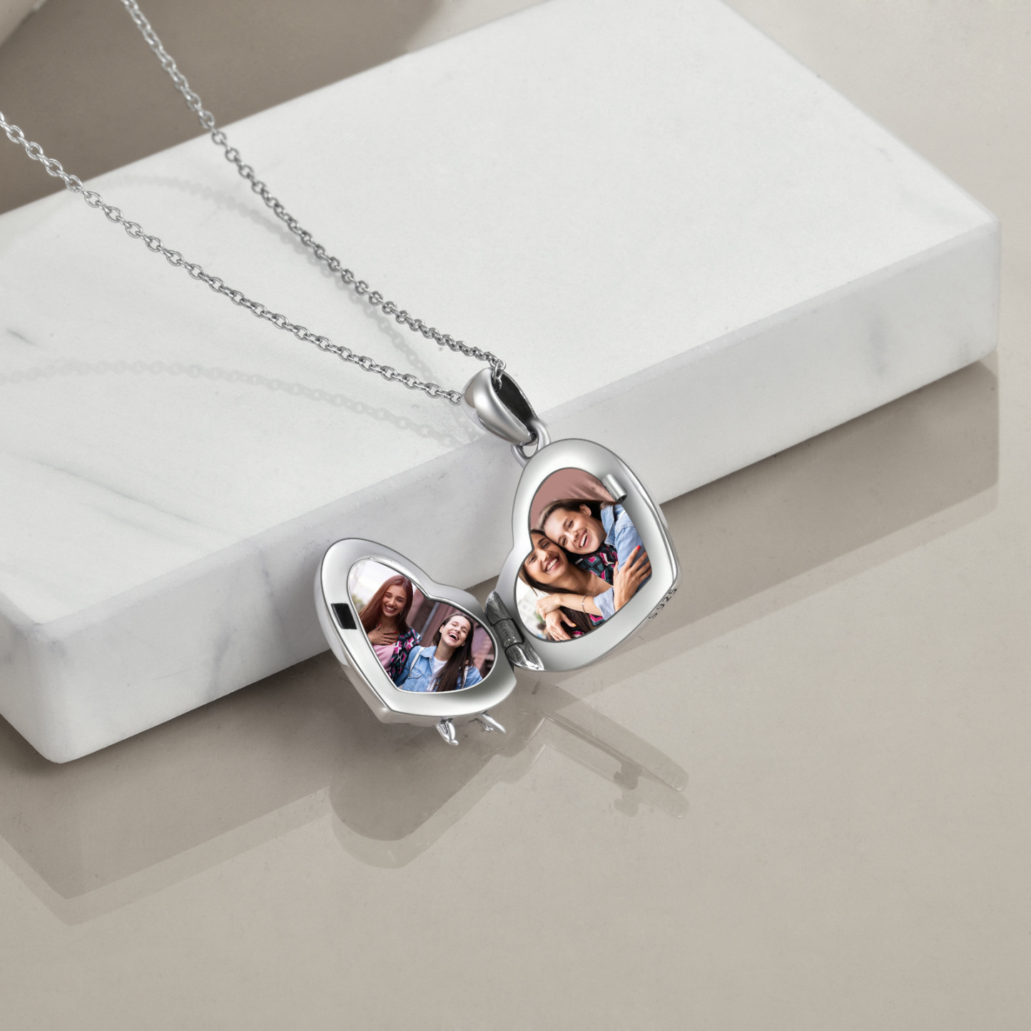 Two-tone Sisters Heart Personalized Photo Locket Necklace with Engraved Word in Sterling Silver-YAFEINI Personalized Jewelry