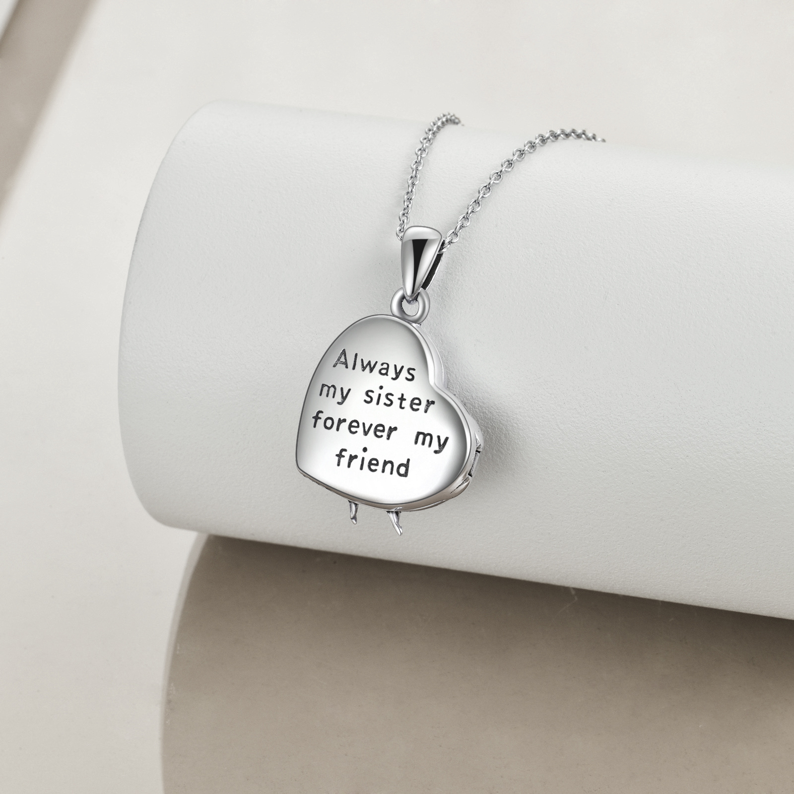 Two-tone Sisters Heart Personalized Photo Locket Necklace with Engraved Word in Sterling Silver-YAFEINI Personalized Jewelry