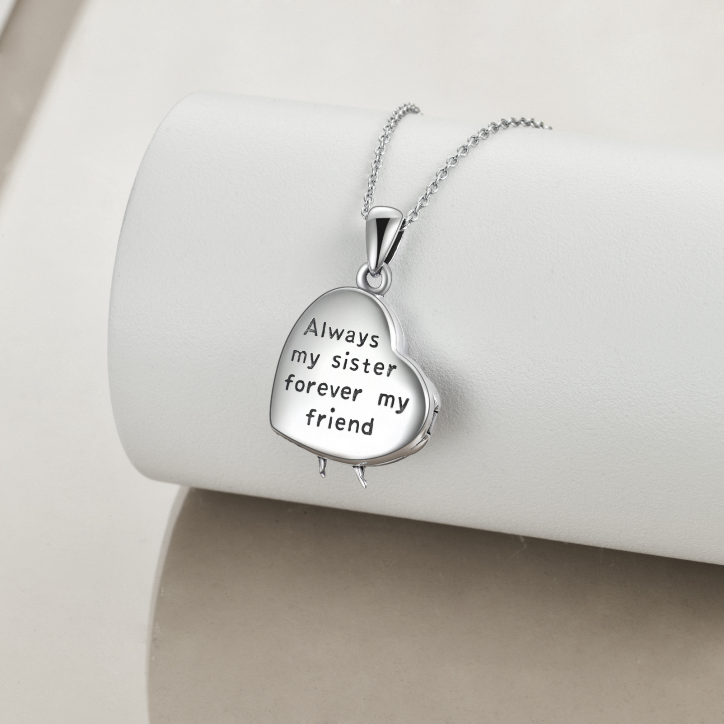 Two-tone Sisters Heart Personalized Photo Locket Necklace with Engraved Word in Sterling Silver-YAFEINI Personalized Jewelry
