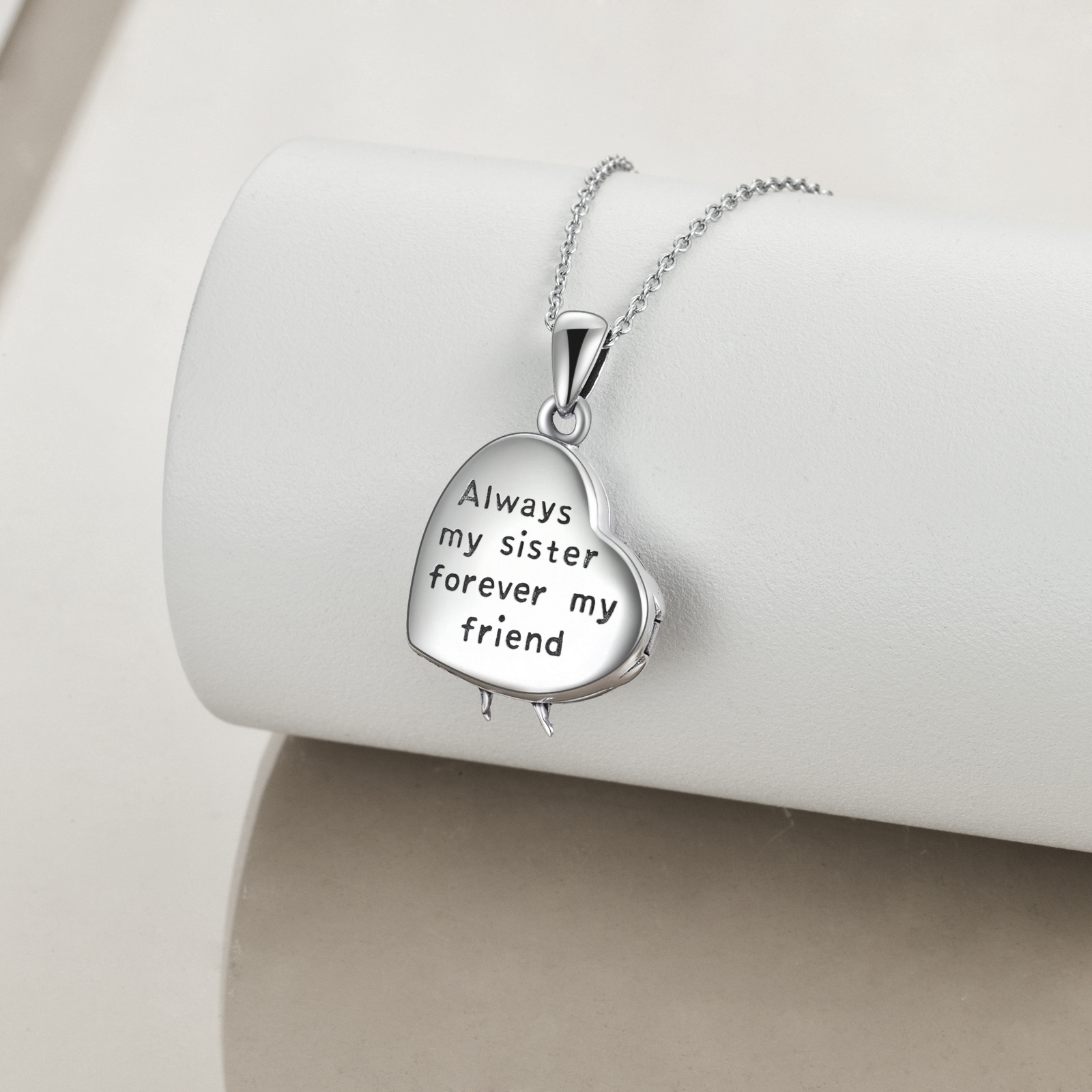 Two-tone Sisters Heart Personalized Photo Locket Necklace with Engraved Word in Sterling Silver-YAFEINI Personalized Jewelry