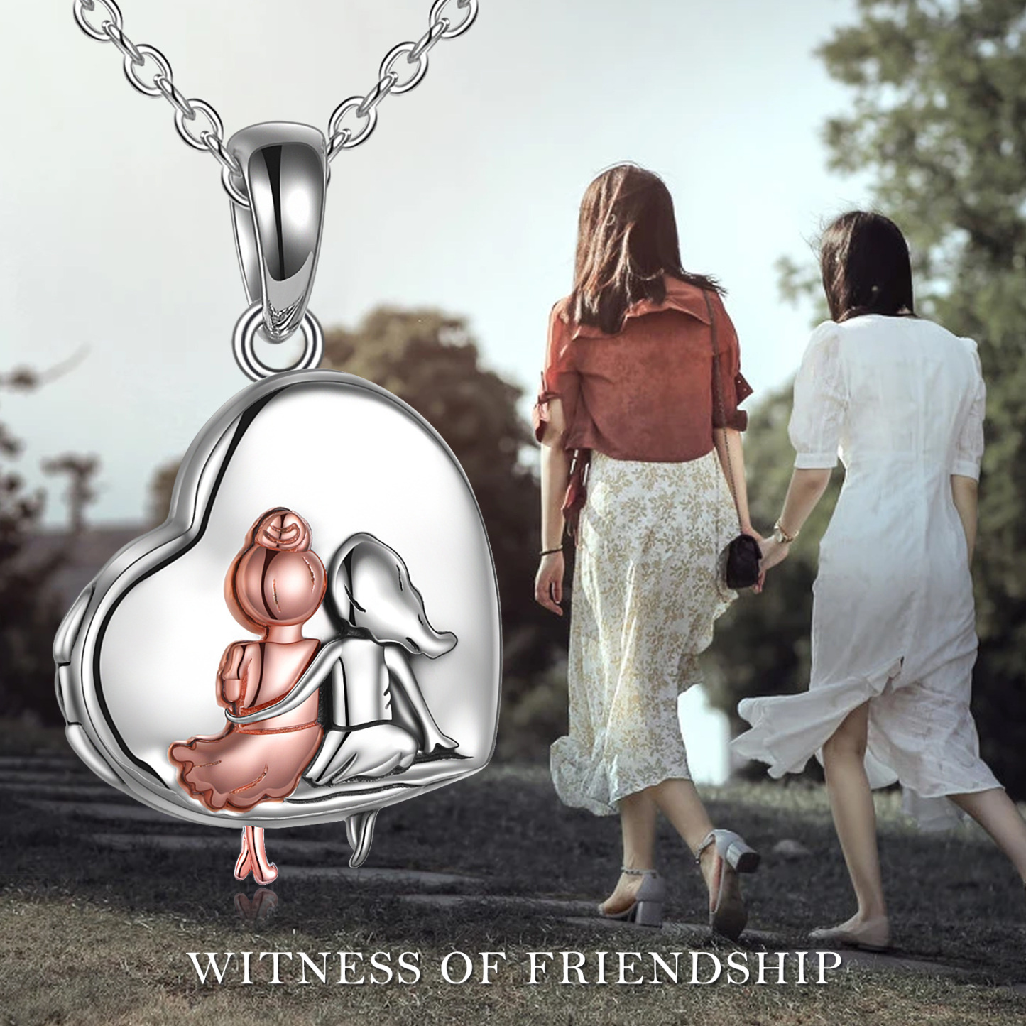 Two-tone Sisters Heart Personalized Photo Locket Necklace with Engraved Word in Sterling Silver-YAFEINI Personalized Jewelry