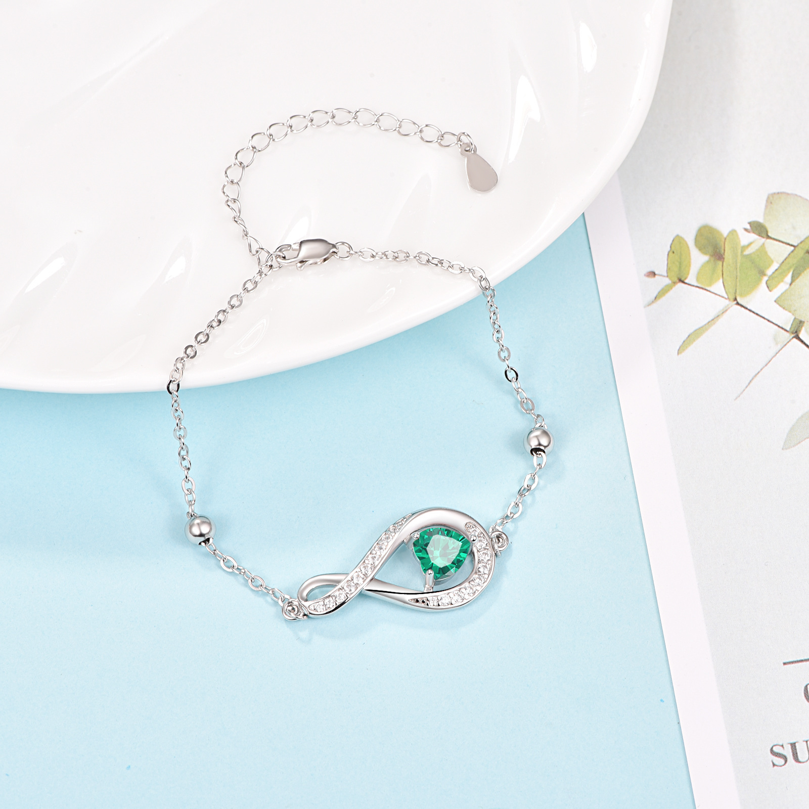 Heart Birthstone Infinity Symbol Bracelet in Sterling Silver-YAFEINI Personalized Jewelry