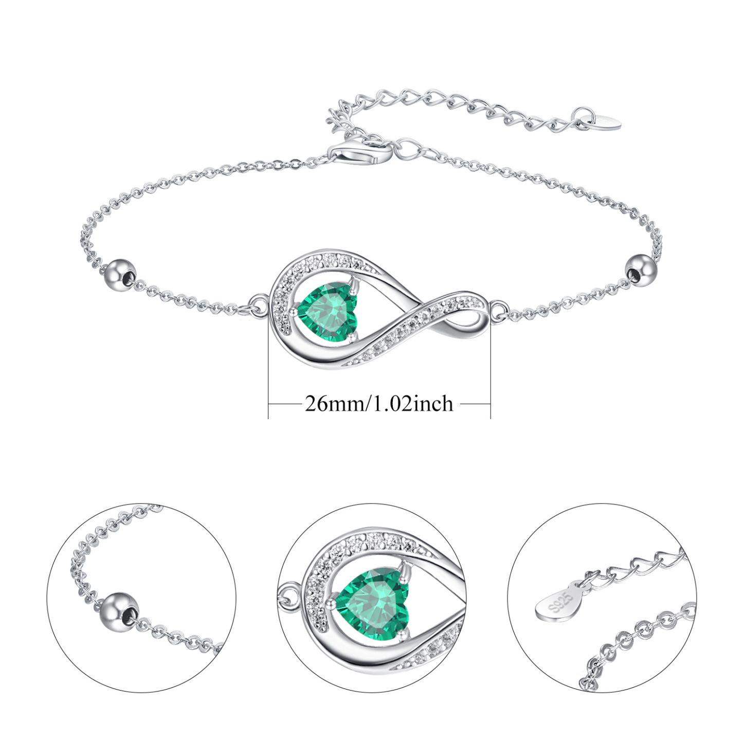 Heart Birthstone Infinity Symbol Bracelet in Sterling Silver-YAFEINI Personalized Jewelry