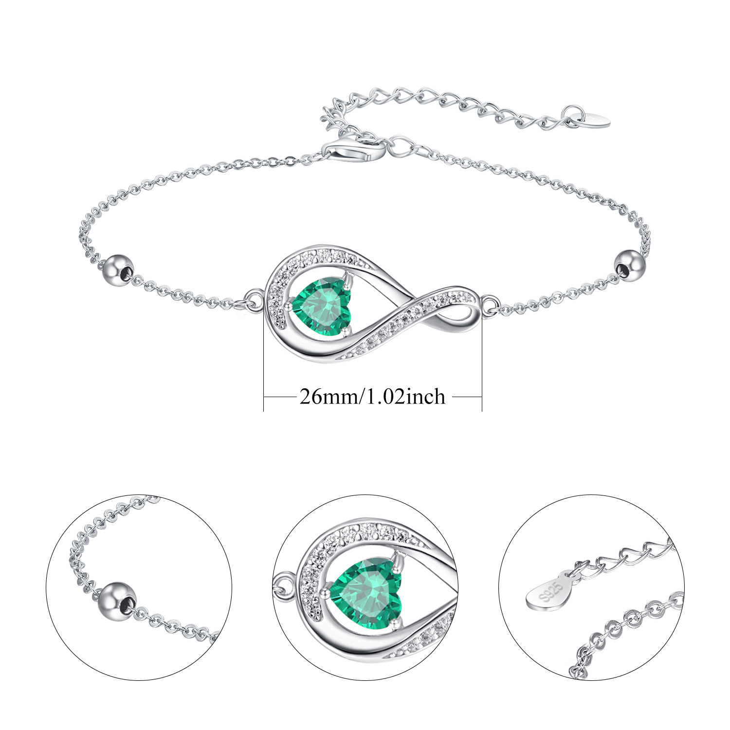 Heart Birthstone Infinity Symbol Bracelet in Sterling Silver-YAFEINI Personalized Jewelry