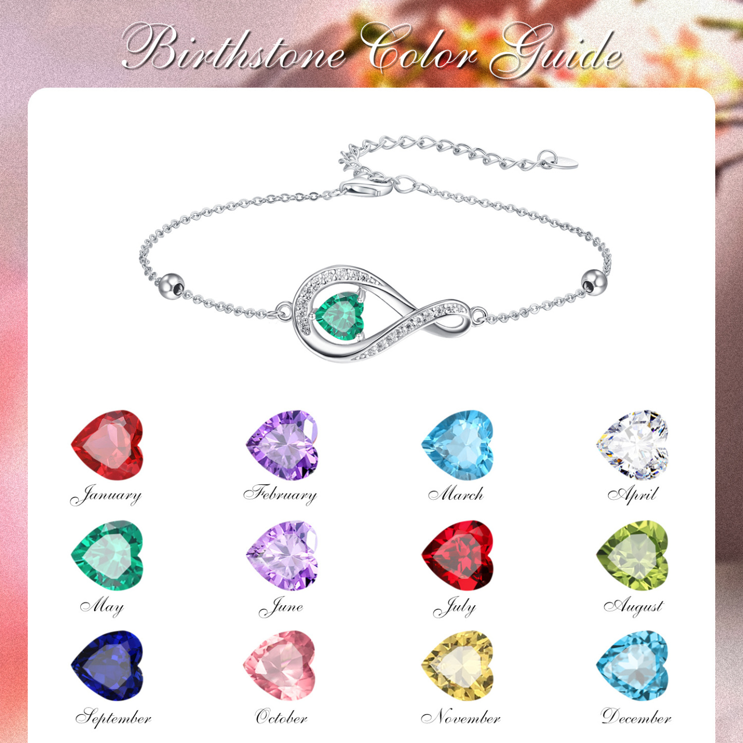 Heart Birthstone Infinity Symbol Bracelet in Sterling Silver-YAFEINI Personalized Jewelry