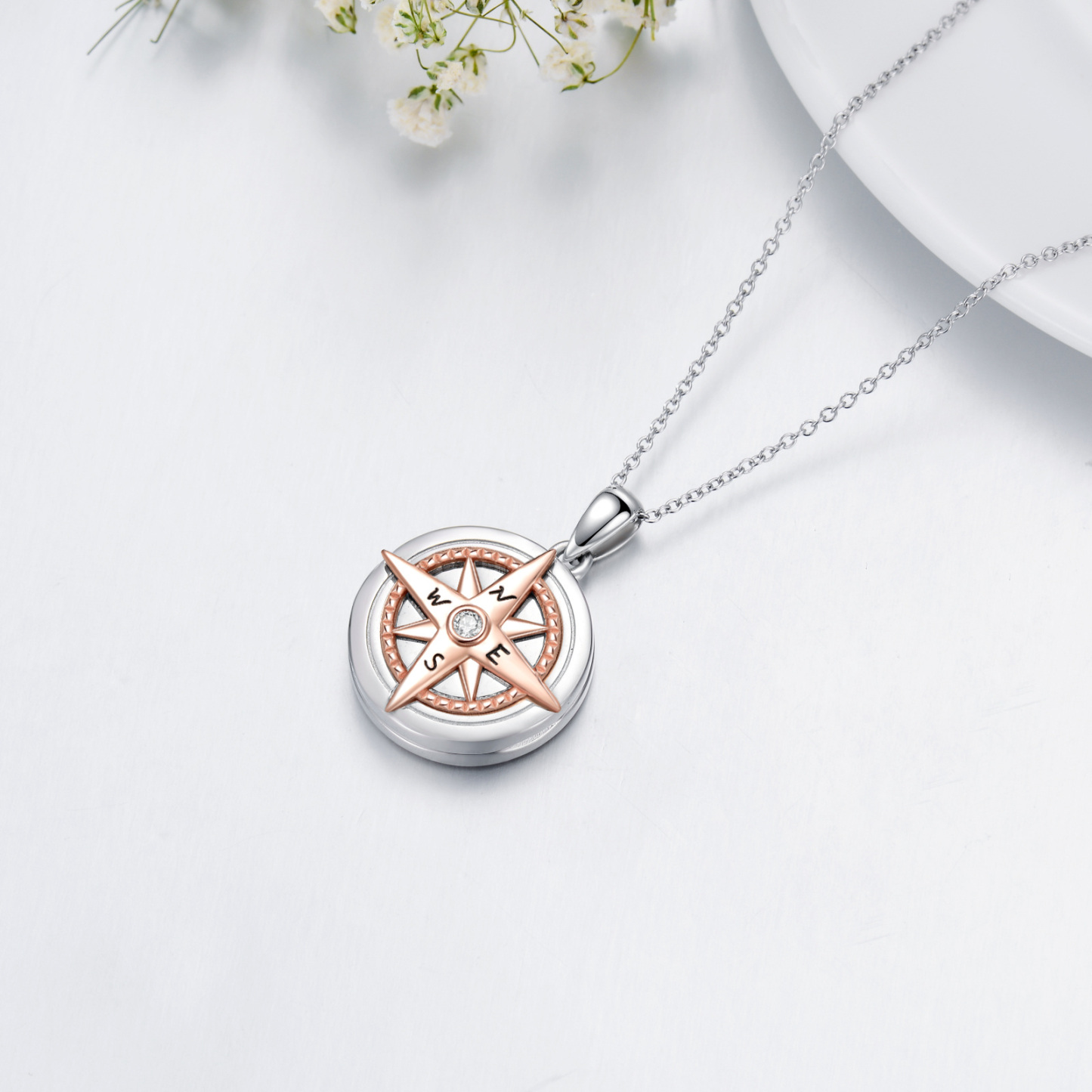 Personalized Compass Two-tone Cubic Zirconia Custom Photo Locket Necklace in Sterling Silver-YAFEINI Personalized Jewelry