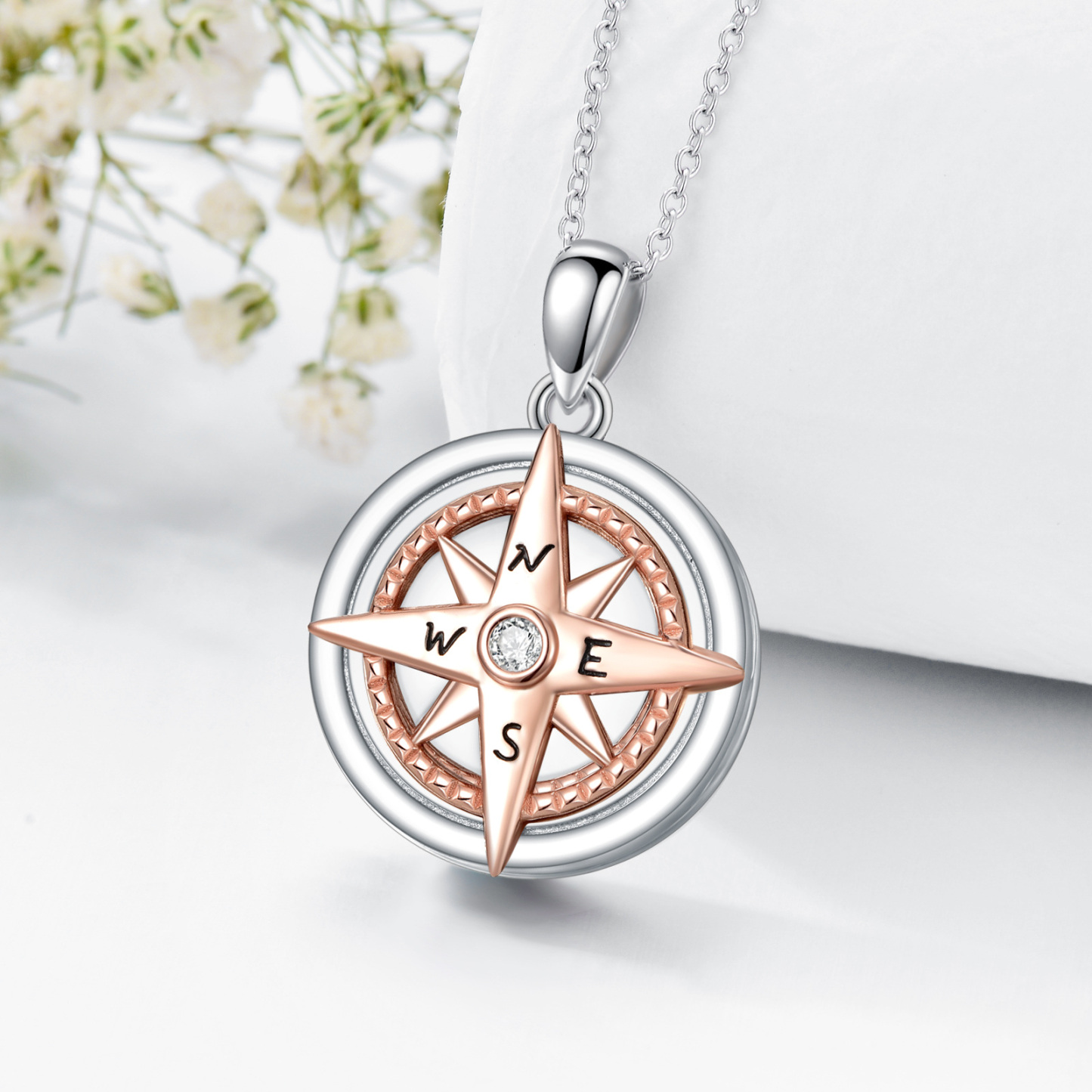 Personalized Compass Two-tone Cubic Zirconia Custom Photo Locket Necklace in Sterling Silver-YAFEINI Personalized Jewelry