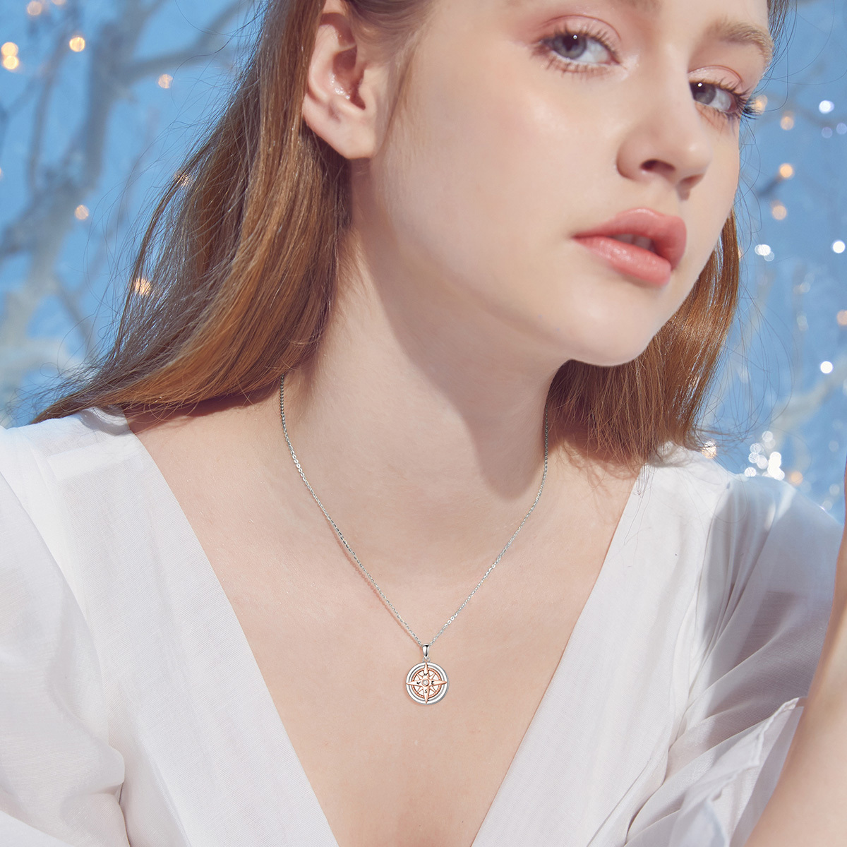 Personalized Compass Two-tone Cubic Zirconia Custom Photo Locket Necklace in Sterling Silver-YAFEINI Personalized Jewelry