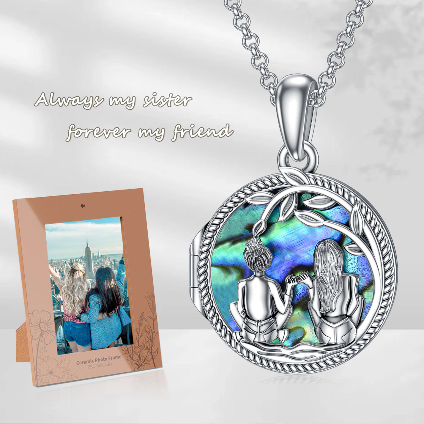 Personalized Abalone Shellfish Sisters Custom Photo Locket Necklace in Sterling Silver-YAFEINI Personalized Jewelry