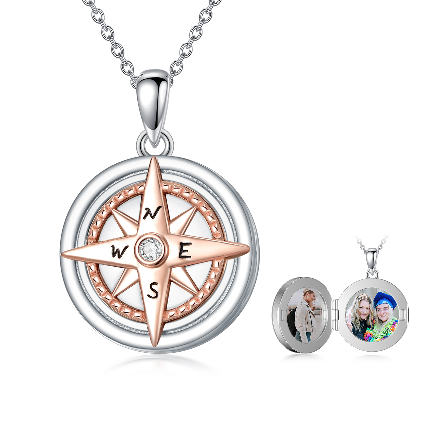 Personalized Compass Two-tone Cubic Zirconia Custom Photo Locket Necklace in Sterling Silver-YAFEINI Personalized Jewelry