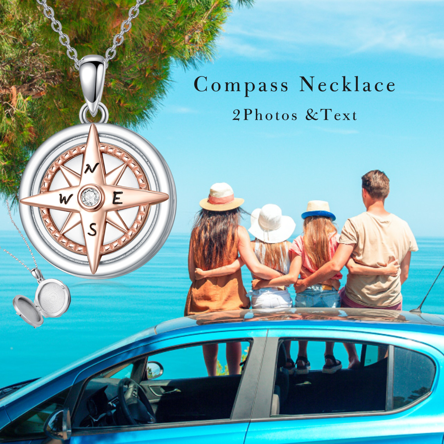 Personalized Compass Two-tone Cubic Zirconia Custom Photo Locket Necklace in Sterling Silver-YAFEINI Personalized Jewelry