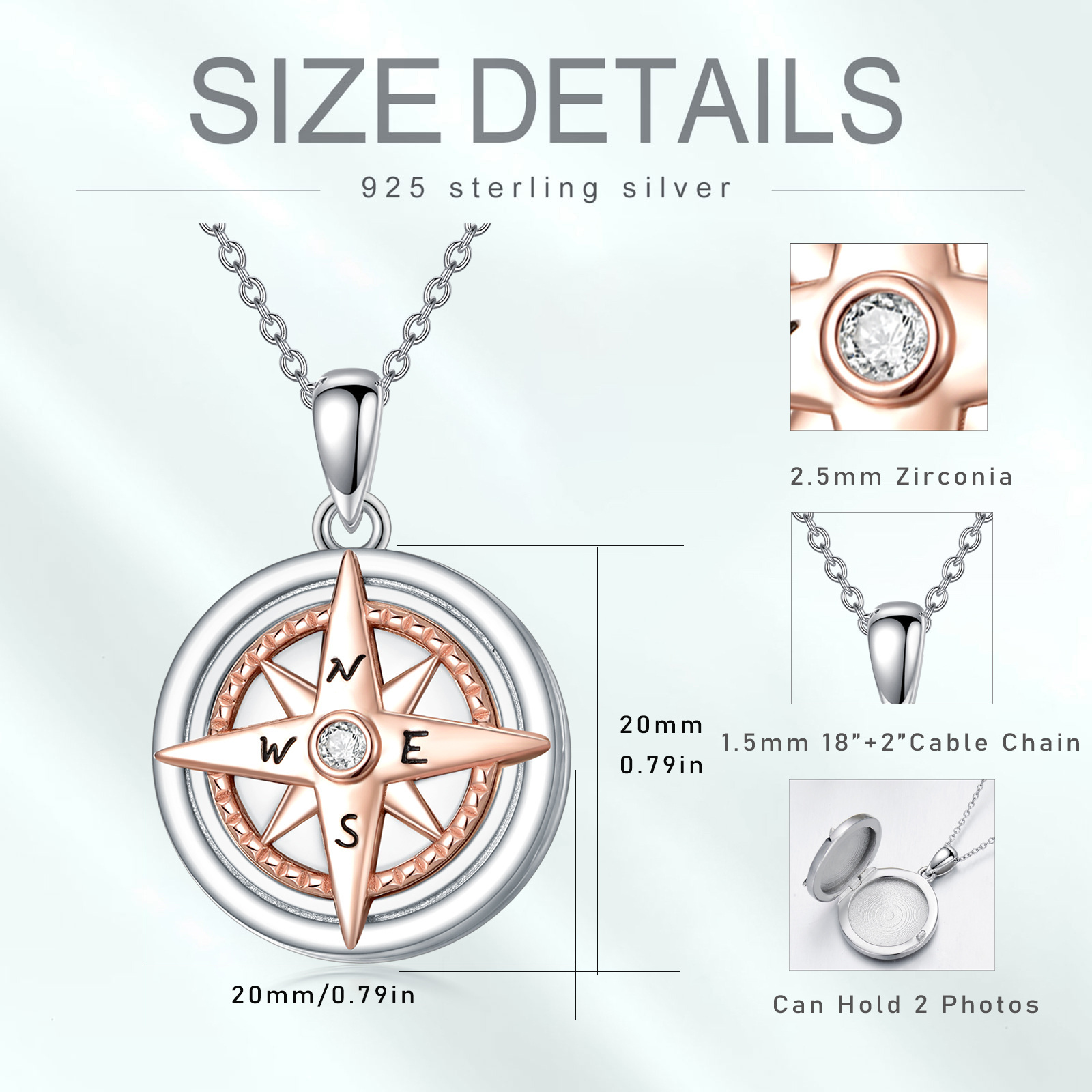 Personalized Compass Two-tone Cubic Zirconia Custom Photo Locket Necklace in Sterling Silver-YAFEINI Personalized Jewelry
