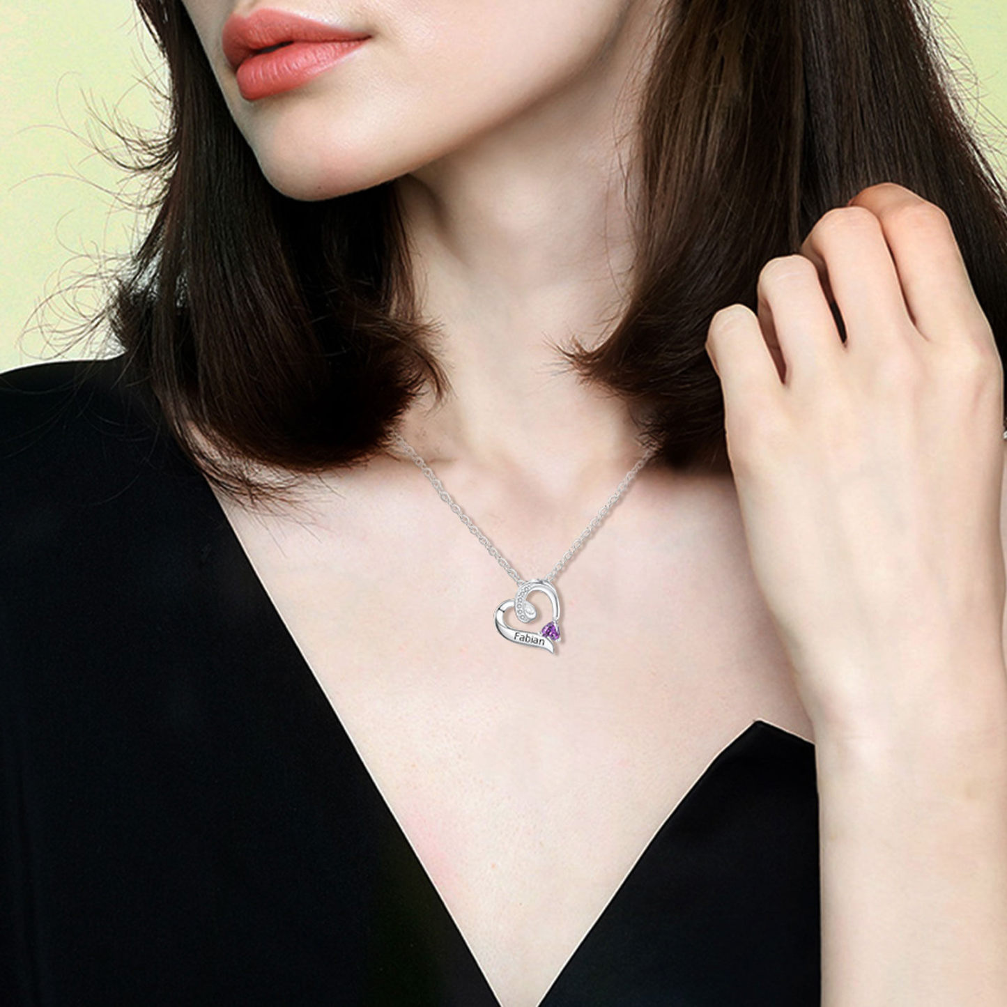 Heart Cubic Zirconia Personalized Birthstone Necklace for Women in Sterling Silver-YAFEINI Personalized Jewelry