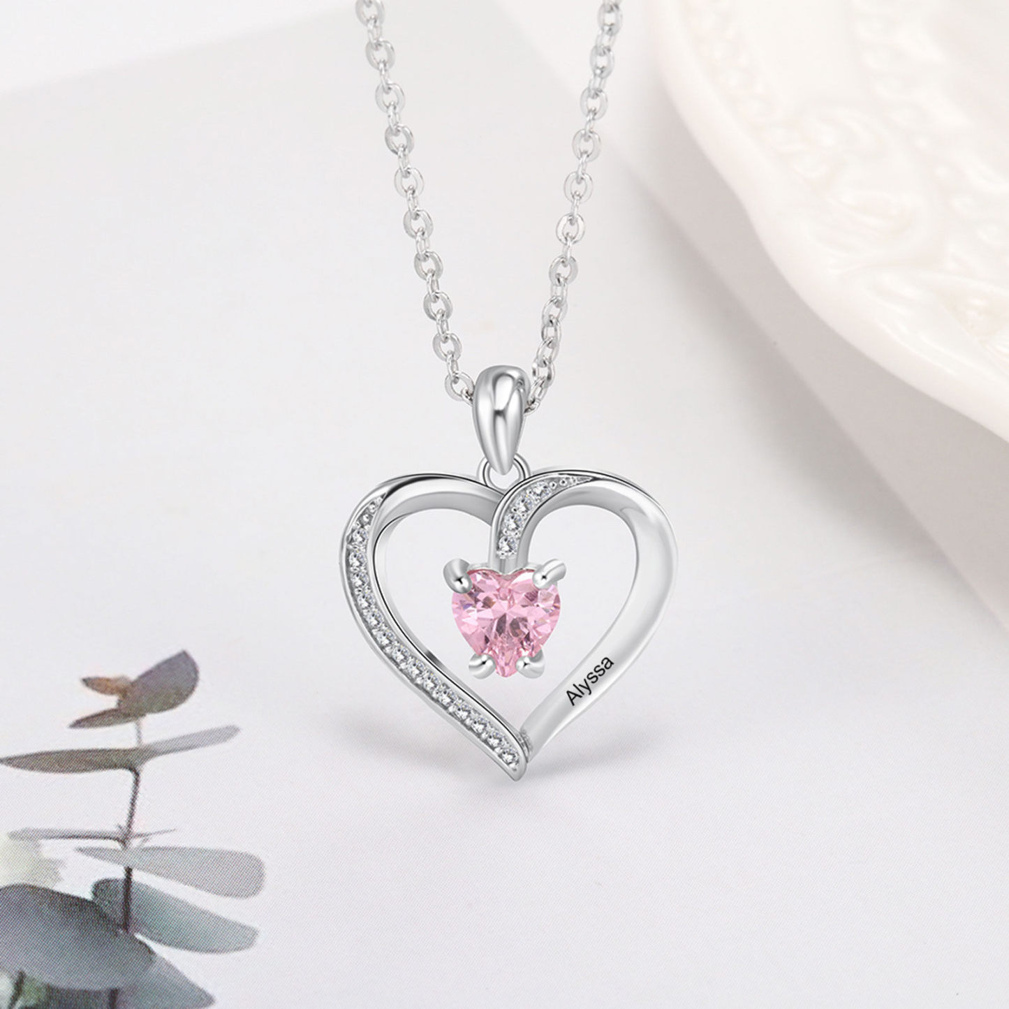 Heart Shaped Cubic Zirconia Personalized Birthstone Necklace in Sterling Silver-YAFEINI Personalized Jewelry