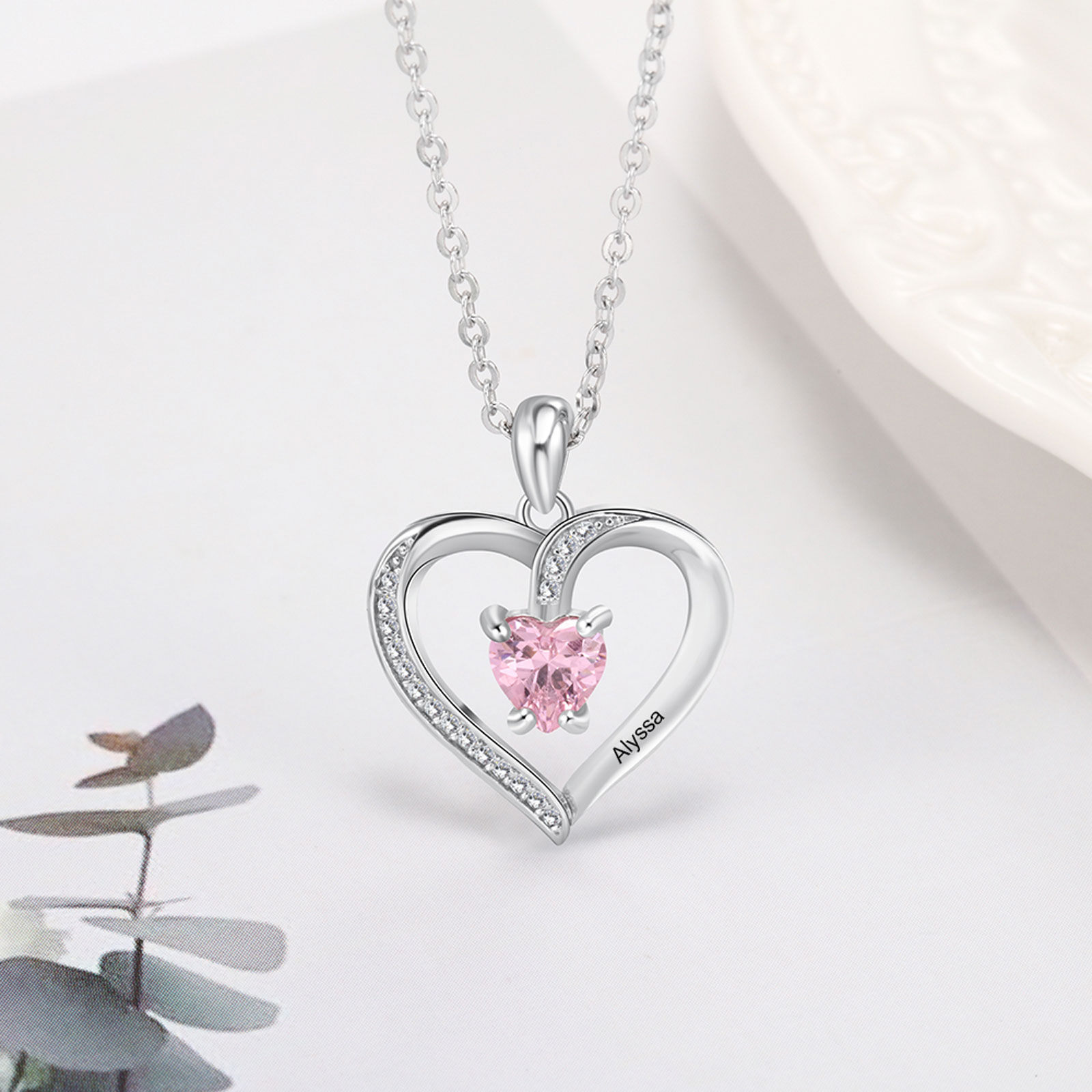 Heart Shaped Cubic Zirconia Personalized Birthstone Necklace in Sterling Silver-YAFEINI Personalized Jewelry