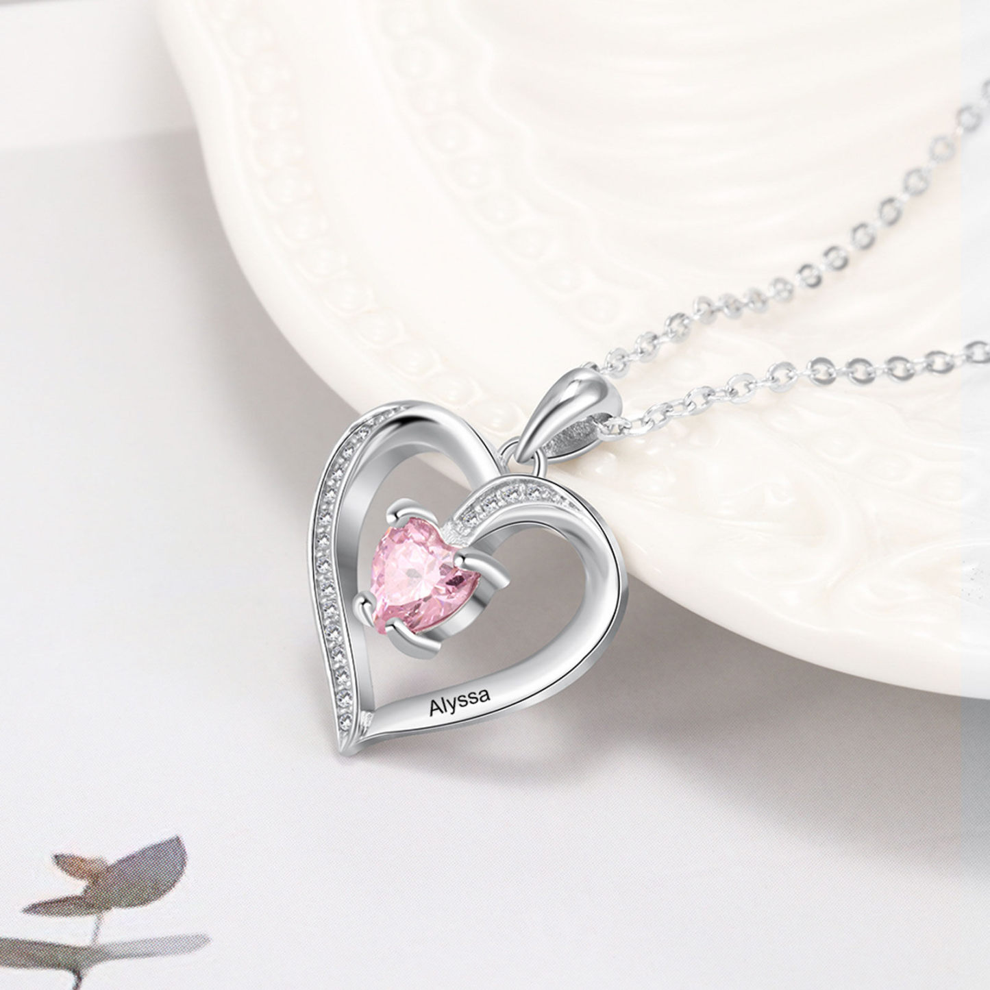 Heart Shaped Cubic Zirconia Personalized Birthstone Necklace in Sterling Silver-YAFEINI Personalized Jewelry