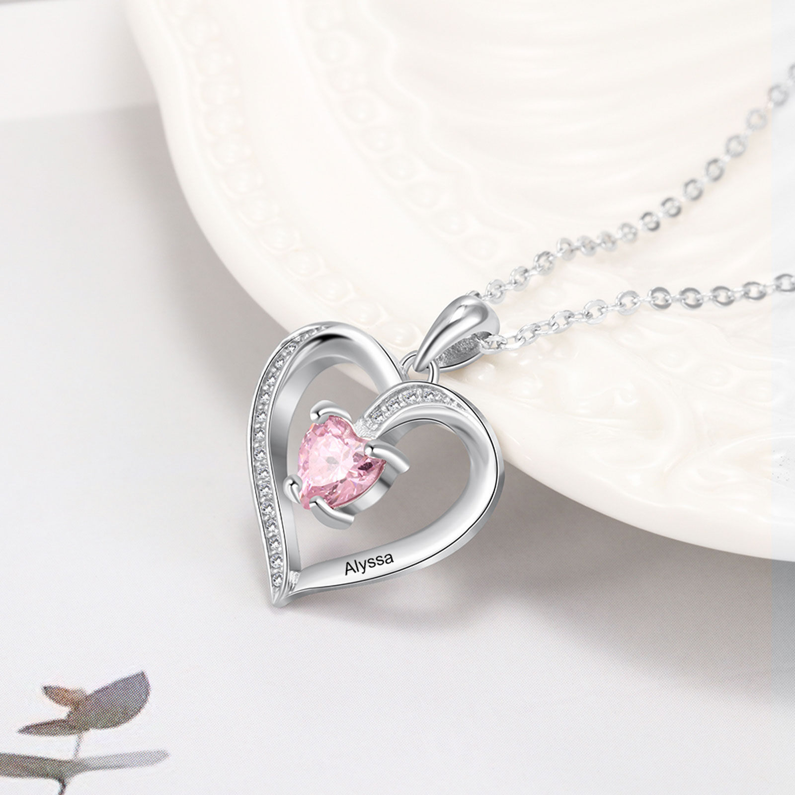 Heart Shaped Cubic Zirconia Personalized Birthstone Necklace in Sterling Silver-YAFEINI Personalized Jewelry
