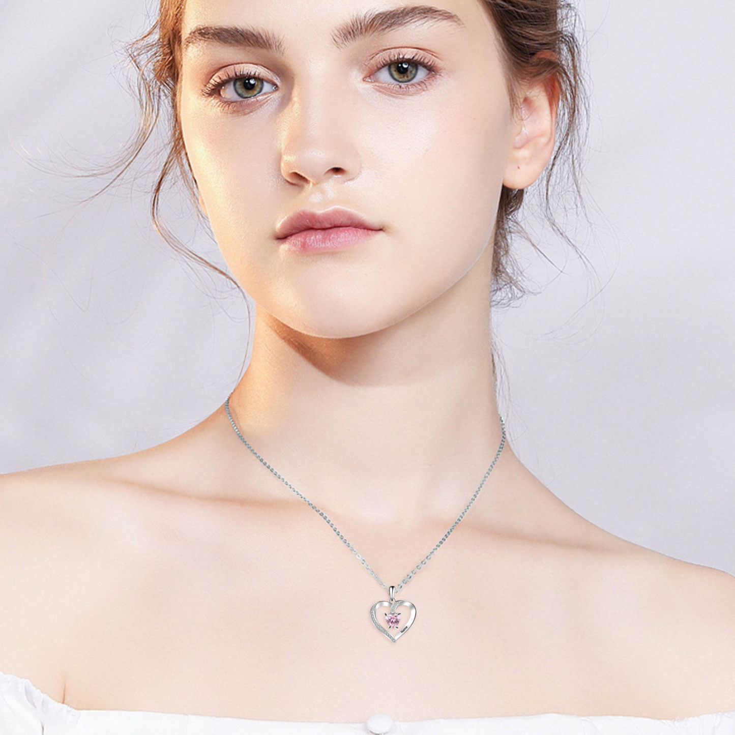 Heart Shaped Cubic Zirconia Personalized Birthstone Necklace in Sterling Silver-YAFEINI Personalized Jewelry