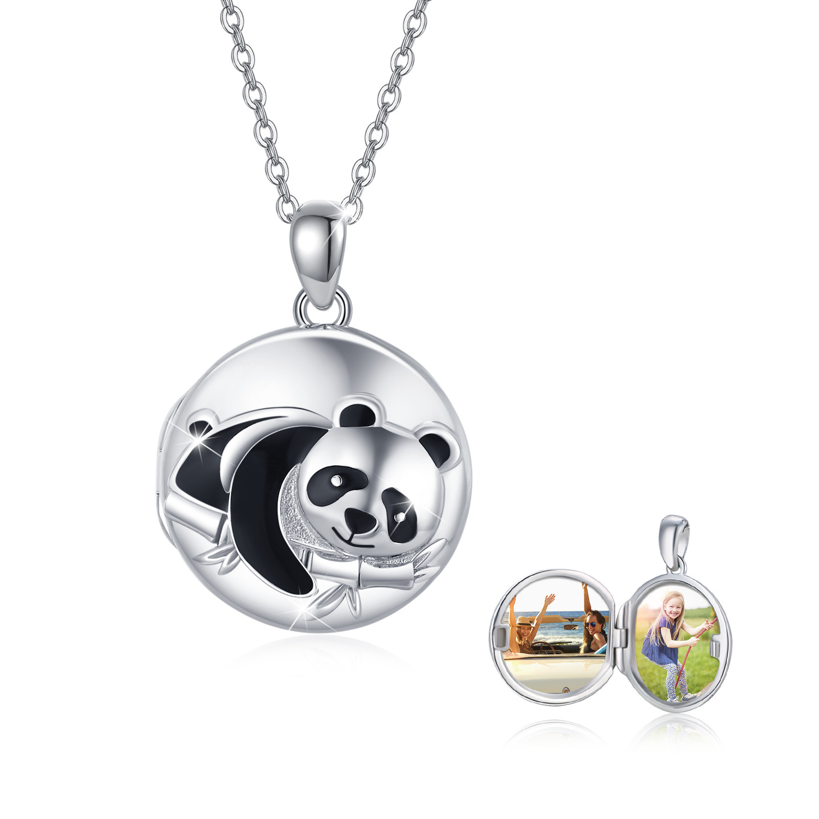 Panda Bamboo Round Pendant Personalized Photo Locket Necklace in Sterling Silver-YAFEINI Personalized Jewelry