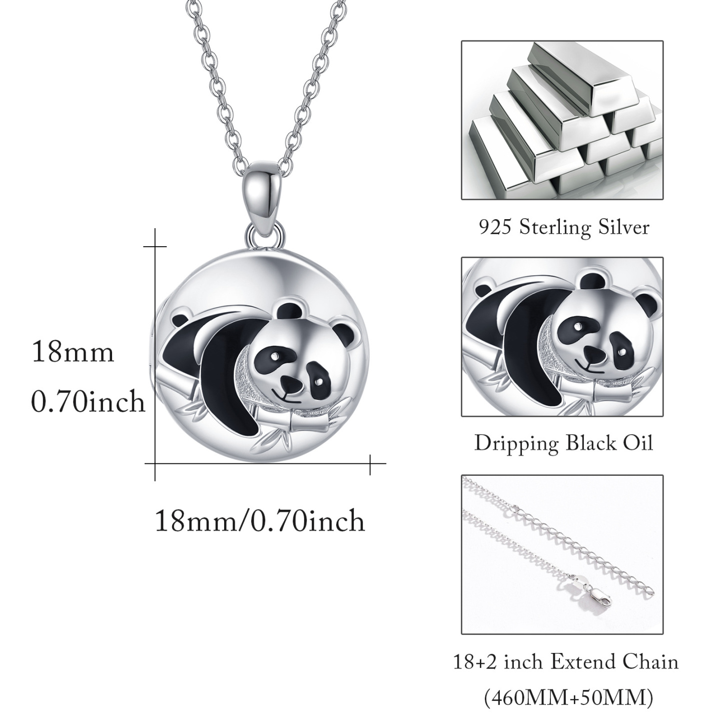 Panda Bamboo Round Pendant Personalized Photo Locket Necklace in Sterling Silver-YAFEINI Personalized Jewelry