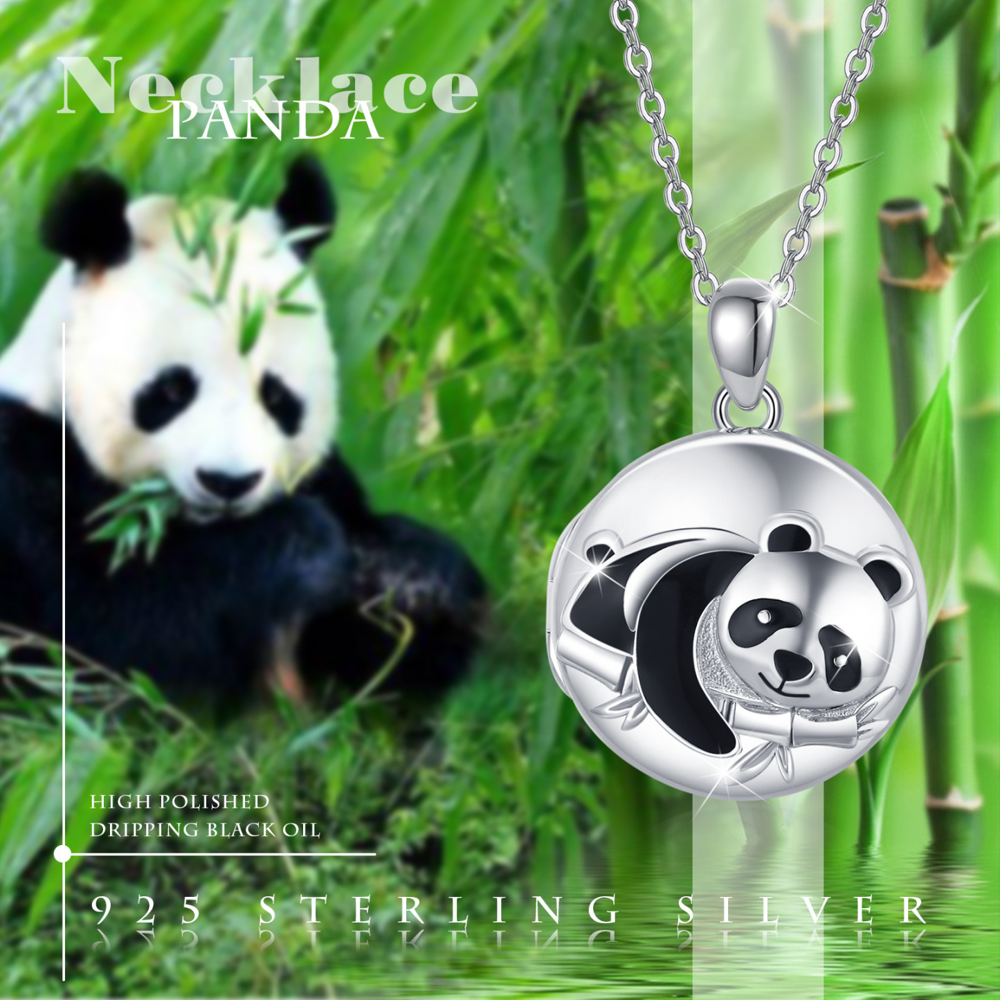 Panda Bamboo Round Pendant Personalized Photo Locket Necklace in Sterling Silver-YAFEINI Personalized Jewelry